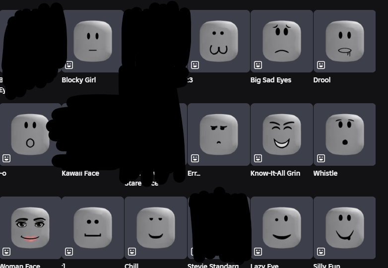 RotnDC4Y's tweet photo. @Roblox Would love to get my classic faces refunded, these aren't what I paid for. (With the exception of the free ones, but even the man face is horribly butchered.) https://t.co/wUNkOFwNUL