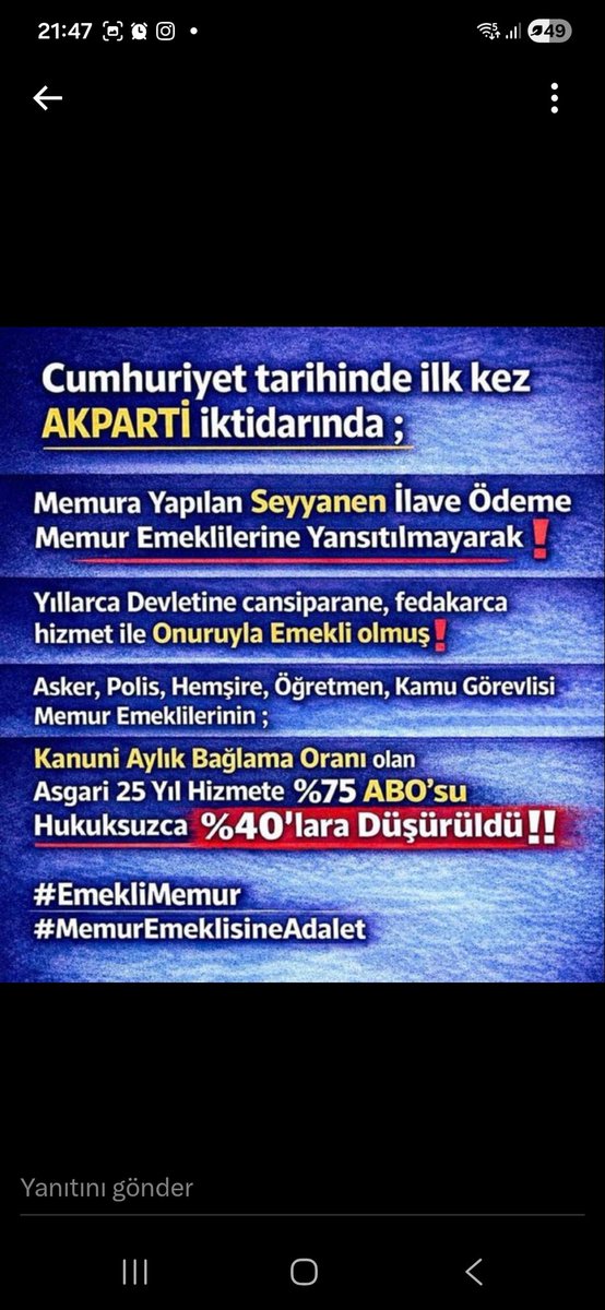 Memur Emeklisinden 
SON ÇAGRİ‼️
Lütuf değil
Yasal Hakkı SEYYANEN zammı istiyor.
Birikmis paramizı  verin! 
#EmekliMemur
#MemurEmeklisineAdalet
<a href="/RTErdogan/">Recep Tayyip Erdoğan</a>
<a href="/Akparti/">AK Parti</a> <a href="/TBMMGenelKurulu/">TBMM Genel Kurulu</a> <a href="/MHP_Bilgi/">MHP</a> <a href="/AYMBASKANLIGI/">Anayasa Mahkemesi</a>