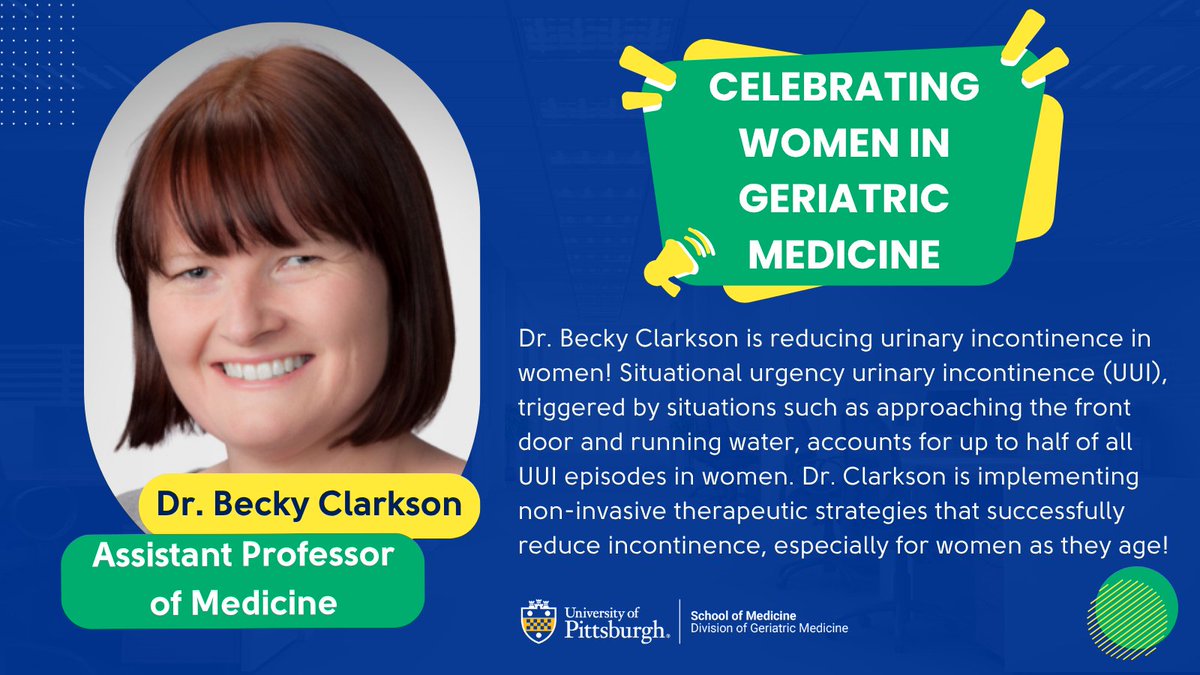 PittGeriMed's tweet image. Today, we're highlighting Assistant Professor of Medicine Dr. Becky Clarkson for Women's History Month! She's successfully implementing non-invasive therapeutic strategies that reduce instances urinary incontinence in women.

#WomensHistoryMonth #GeriatricMedicine