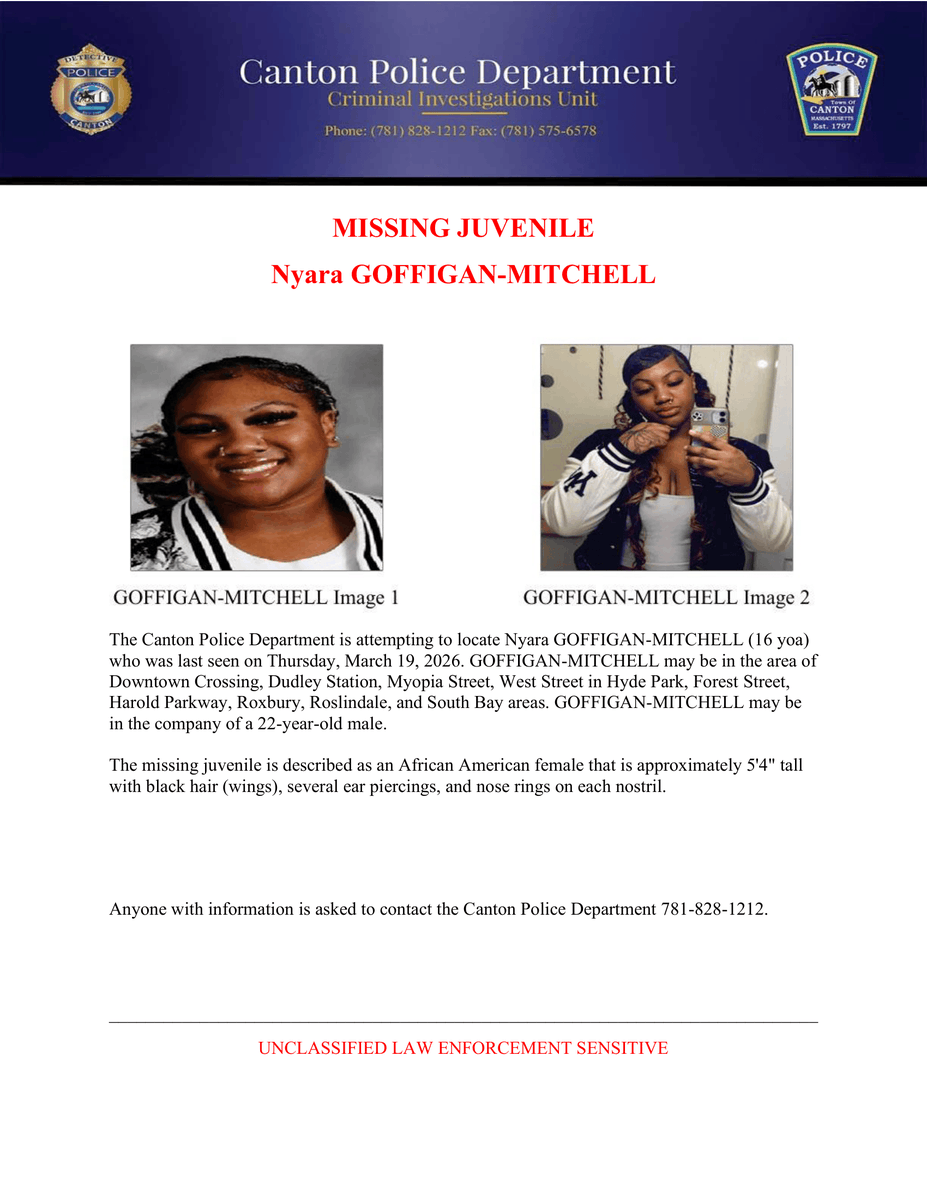 CantonMAPolice's tweet photo. Community Alert:
MISSING JUVENILE (see attached) https://t.co/IThT3SKfIy