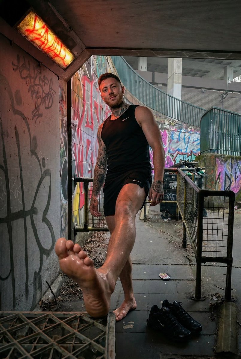 MancSockMaster's tweet photo. Dark alley, bare sweaty size 11 soles of a str8 alpha right in your face. 
Sniff deep, lick every inch, suck the toes like the desperate foot fag you are.  

Send £25 + DM proof and I’ll send you a proper filthy Manc voice note telling you exactly how I want you worship them.  

No send = stay ignored, slag. 🦶

#ScallyFindom #FootWorship #PublicHumiliation