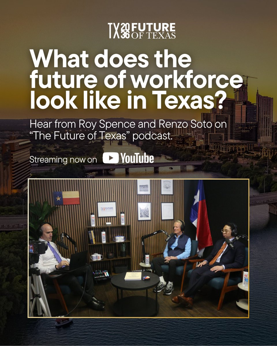 Texas2036's tweet photo. Texas is projected to add more than two million jobs over the next decade. But will the #txworkforce be prepared?

In Ep. 3 of "The Future of Texas," co-founder of @GSDM and founder of the Purpose Institute joins @renzo_soto21 and @bradswail to discuss.

Watch here: https://t.co/5sXDMaa8n0