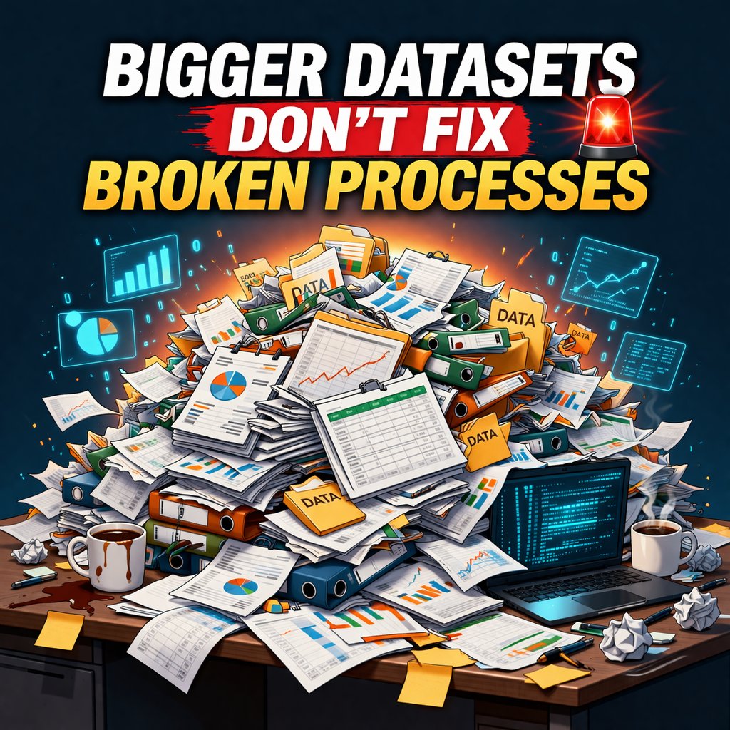 JonJaroska's tweet photo. Bigger datasets don’t fix broken processes 🚨

Dumping more data into a messy workflow just adds noise. Fix the process first, then feed AI the right signal.

Follow for practical AI tips or DM me to audit your workflow.

#PracticalAI #DataEngineering #ProcessFirst https://t.co/qHdyaTnAcK