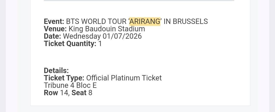inesg_queiruga's tweet photo. I am selling a BTS ticket for brussels since i finally got tickets for my country (spain!) And i won't need it anymore. If you know someone who is interested please dm me! The price was 319'05€ and the details are in the photo (from the official confirmation email) https://t.co/bfICfaiF2o