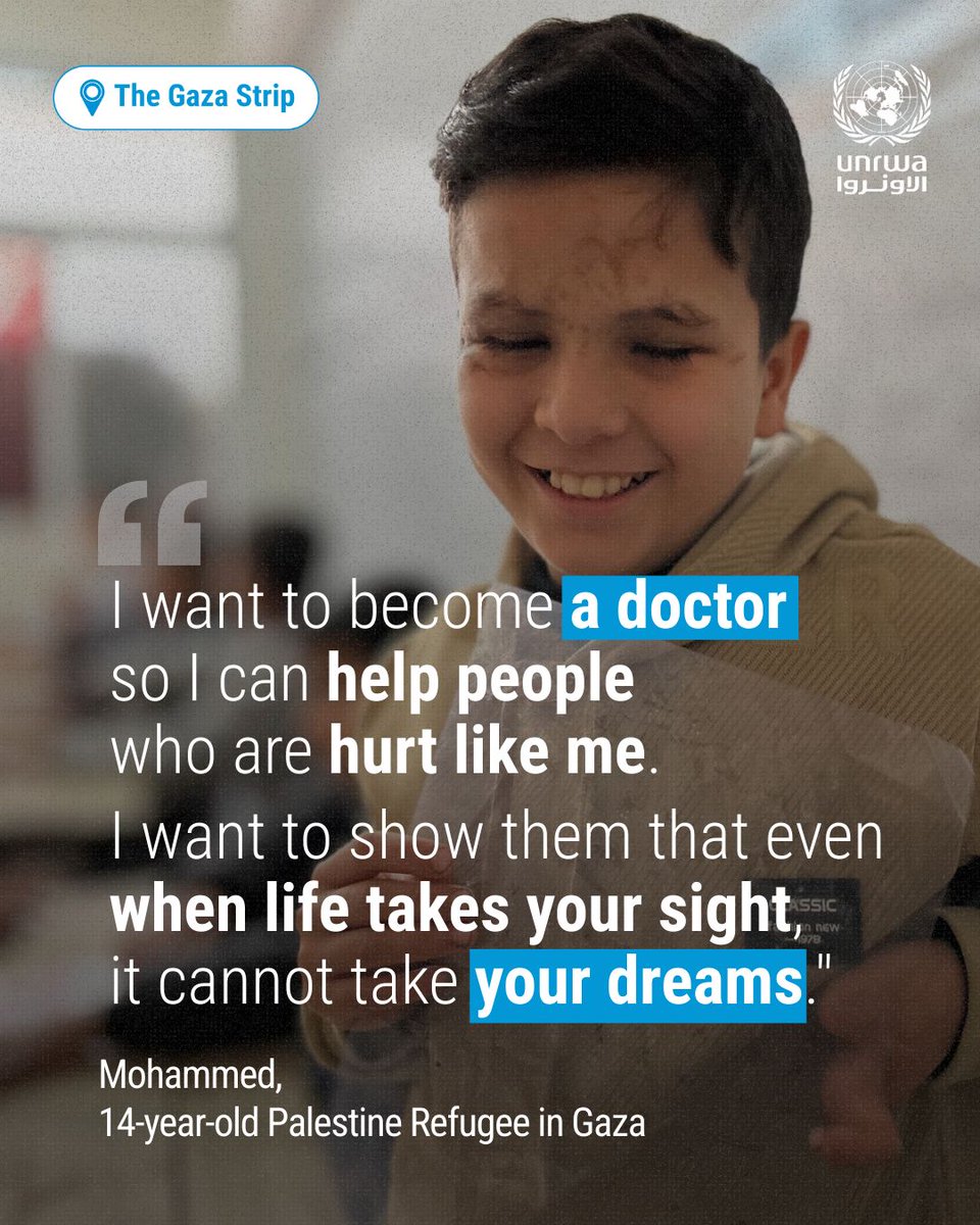 insani_yard's tweet photo. 👁‍🗨 After an explosion took his sight, Mohammed had to rebuild his world - step by step.  

Today, he is back to learning at a reopened UNRWA centre for visually impaired children in #Gaza, finding routine, support and hope again. 🎓

“In my old house, I knew every corner. In the tent, I had to redraw the world in my mind.”🖼️❤️‍🩹

🔗 @UNRWA