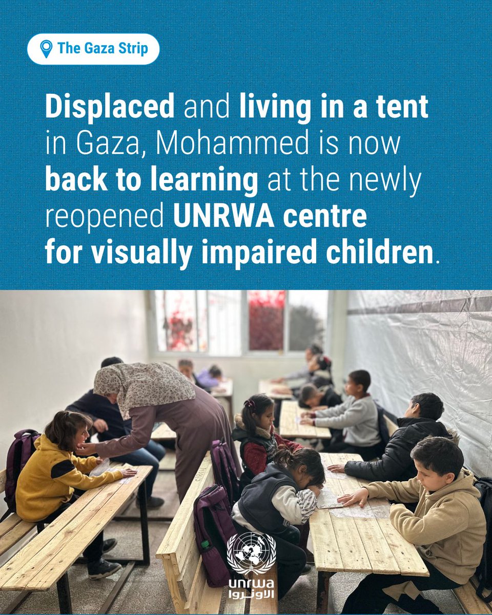 insani_yard's tweet photo. 👁‍🗨 After an explosion took his sight, Mohammed had to rebuild his world - step by step.  

Today, he is back to learning at a reopened UNRWA centre for visually impaired children in #Gaza, finding routine, support and hope again. 🎓

“In my old house, I knew every corner. In the tent, I had to redraw the world in my mind.”🖼️❤️‍🩹

🔗 @UNRWA