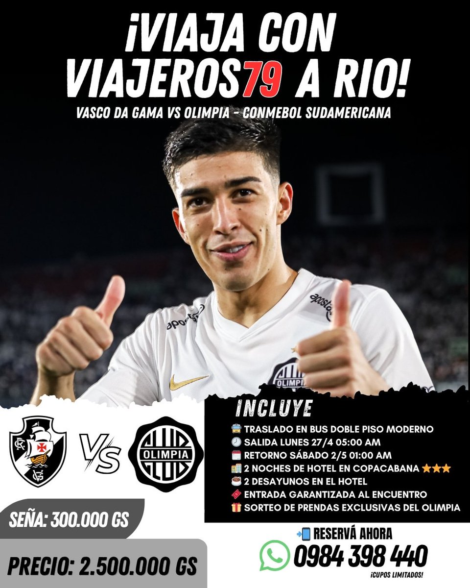 viajerosdelao's tweet photo. COPA SUDAMERICANA: EL DECANO POR AMÉRICA! ⚪⚫🌍
Acompañá a #Olimpia en su gira continental con Viajeros 79. ¡Elegí tu destino!
🇨🇱 Chile
🇧🇷 Rio de Janeiro
🇦🇷 Buenos Aires

🚌 Bus + 🏨 Hotel + 🎟️ Entrada + 🎁 Sorteos.
📲 ¡Cupos limitados! Reservas al: 0984 398 440
#Sudamericana https://t.co/Ryb5OG1Sxz
