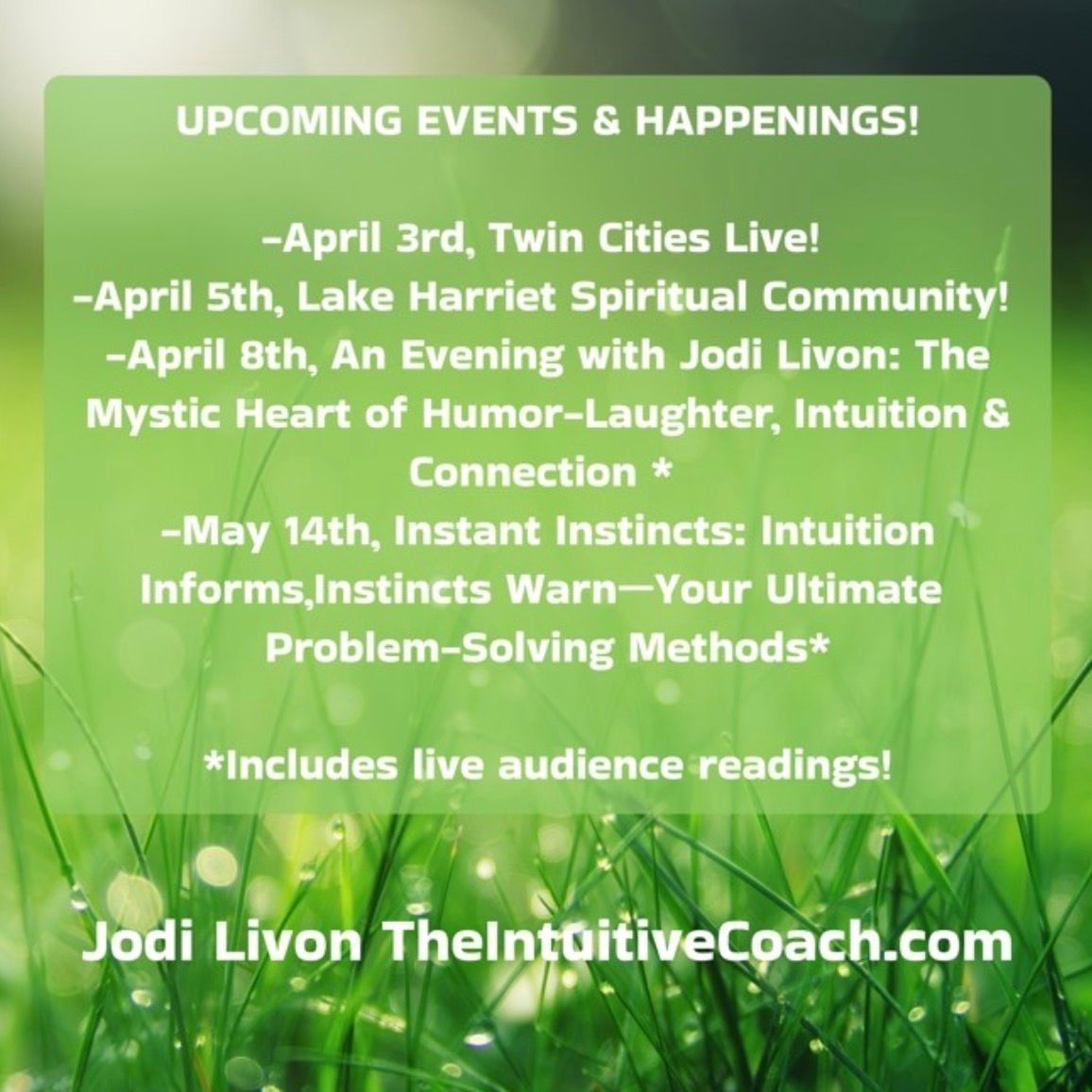 JodiLivon's tweet image. Upcoming Events &amp;amp; Happenings! If you are in Minnesota, join me! We are doing gallery-style-readings! buff.ly/sYmE0pJ
#events  #intuition #Tuesday