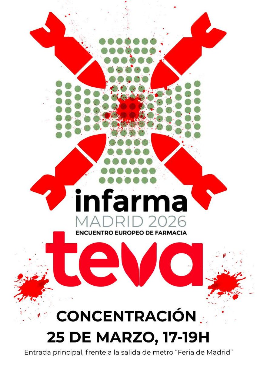 PlataformaCS_M's tweet image. Miércoles 25
17 horas
en el IFEMA
*CONCENTRACIÓN BOICOT*
a la Farmacéutica Israelí TEVA. 

Campaña #TevaNoGracias

#BoicotIsrael #BDS #FreePalestine
#StopGenocide #PalestinaLibre

@HW4PalestSpain @BDSmovement @RESCOP1 @apsemueve @ApEmpuja 
@VecinasSanidad @semap_ @PintoPalestina