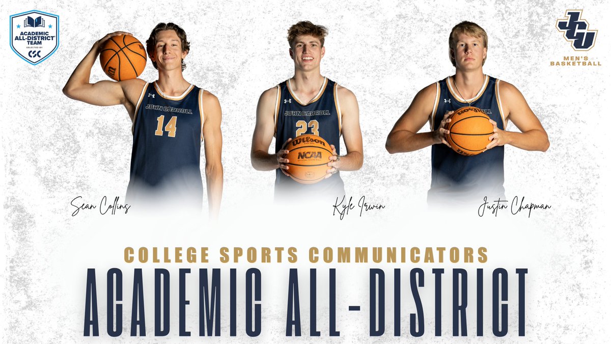 jcusports's tweet photo. MBB: Congratulations to our @JCUMensHoops trio on earning Academic All-District honors from the College Sports Communicators!

More on Sean Collins, Kyle Irwin, and Justin Chapman:
📰 https://t.co/G63VbILWq0 https://t.co/mbnGFe9el8