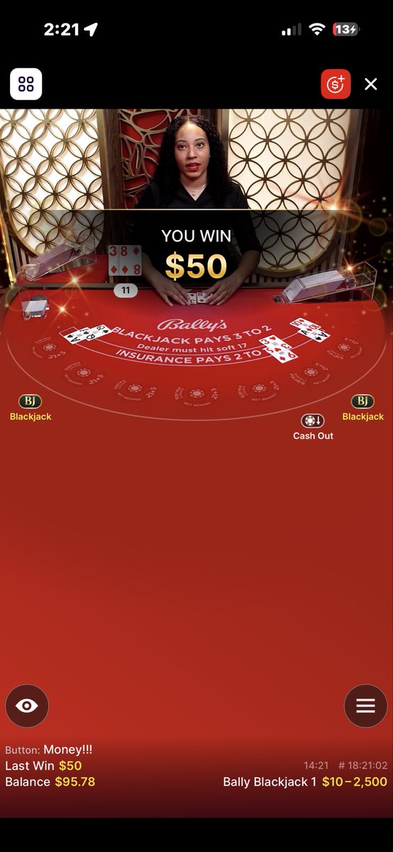 RyanButton12's tweet photo. Turned $15 into $150 on bally bet😎😎🤗🤗 live blackjack was on fire https://t.co/u46AgPPV3Y