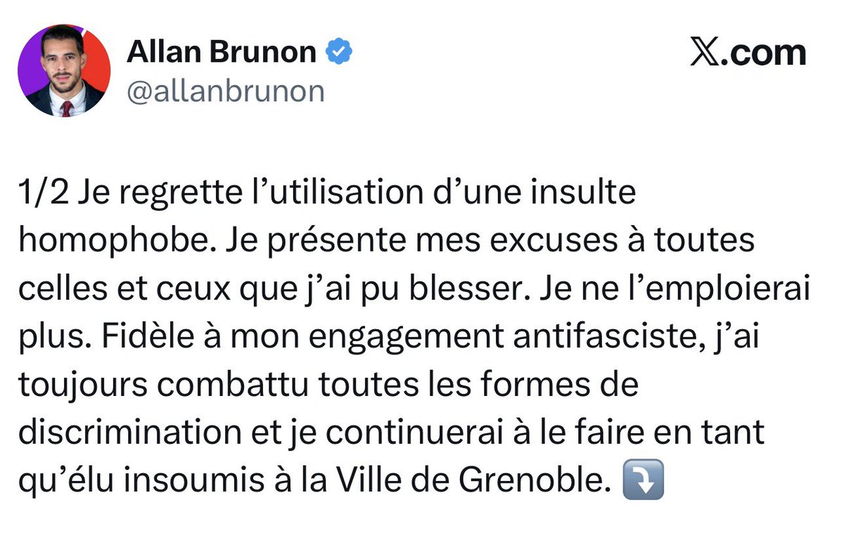 Allan Brunon, élu LFI à Grenoble, présente un message d’excuse suite à la vidéo révélée en direct sur 100% Frontières, le montrant venir intimider un riverain jusqu’à son travail et proférer une insulte homophobe.