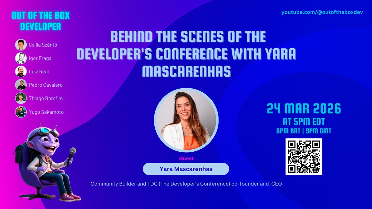 lgsreal's tweet photo. Behind the scenes of TDC! 

New episode with Yara Mascarenhas, CEO and Co-founder of The Developer's Conference, is live on the Out Of The Box Developer channel.

📺 Watch here: https://t.co/Terstu38NS

#TDC #TechCommunity #DeveloperConference #Java #Community https://t.co/Wbd7JOfv0t