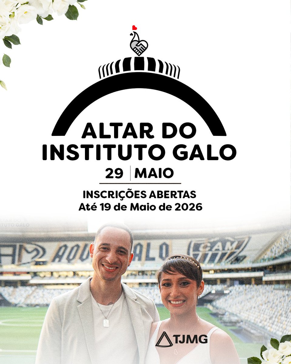 𝒜𝓁𝓉𝒶𝓇 𝒹ℴ ℐ𝓃𝓈𝓉𝒾𝓉𝓊𝓉ℴ 𝒢𝒶𝓁ℴ: 𝘗𝘢𝘳𝘵𝘦 𝘭𝘭 💍🐓

Em parceria com o <a href="/tjmgoficial/">TJMG</a>, o Instituto Galo realizará mais um Mutirão de Conversão de União Estável em Casamento. A ação faz parte de um movimento social, proporcionando a casais em vulnerabilidade social a