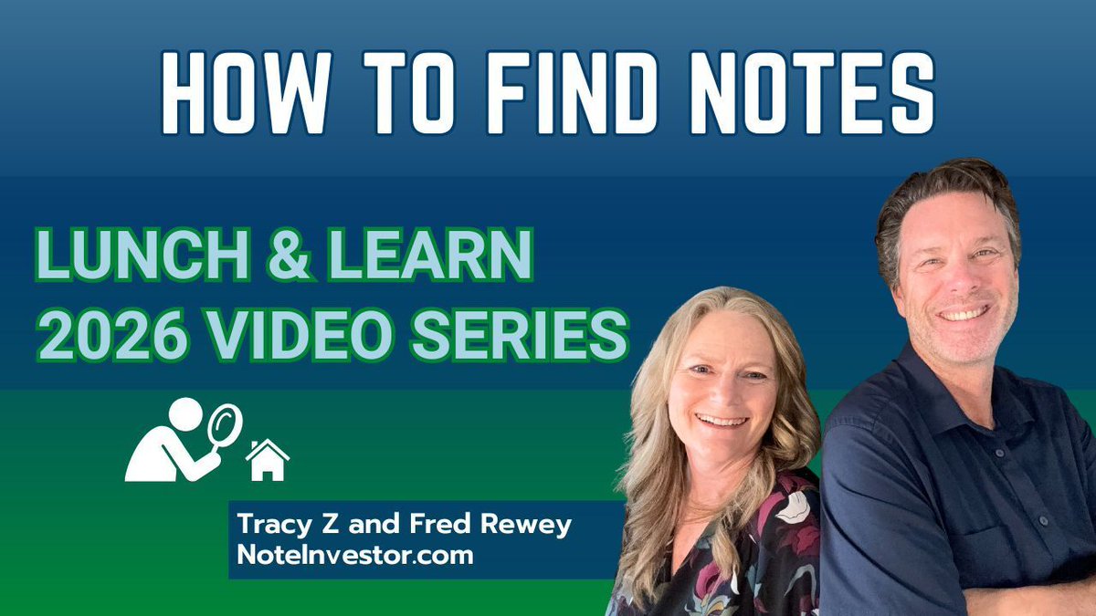 TracyZRewey's tweet photo. Were you able to join us today for the 2026 Lunch & Learn Episode 3 - How to Find Notes? If not, catch the replay before Thursday's episode!
Replays are available at https://t.co/bgcVbWRFCR. Happy Note Investing!
#RENotes #NoteBuyers #OwnerFinancing #NoteInvestor https://t.co/29bVLHTqn4