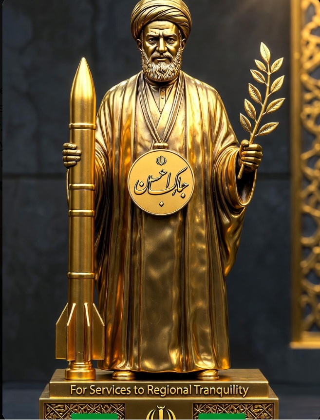 nyi_news's tweet photo. @atrupar BREAKING NEWS EXCLUSIVE! Donald Trump reveals hs prize... the first ever AYATOLLAH PEACE PRIZE!!  VICTORY! https://t.co/cst9VHcZSL