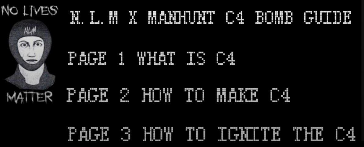 TracTerrorism's tweet photo. No Lives Matter (#NLM) x ‘Manhunt (M.H)’ Tease Three Instructional Manuals: 1) #C4 Bomb Guide, 2) #Poison Guide, &amp; 3) #Firebomb Guide
Read more: https://t.co/wplp0nKTOV https://t.co/UCE3UCWVlT