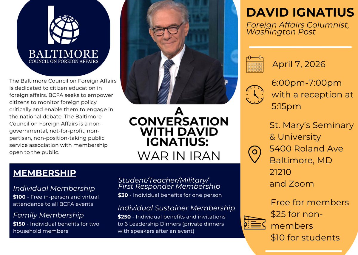 Attend our next event to get cutting-edge analysis of the war in Iran from David Ignatius, expert foreign affairs columnist for the Washington Post! Read more and register here: bcfausa.org/speaker/david-…