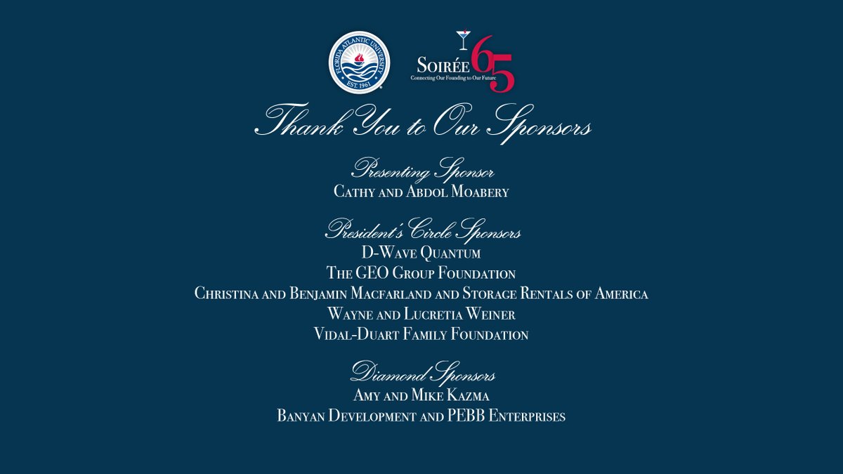faufoundation's tweet photo. With Soirée 65 just days ahead, we are grateful for the sponsors who are helping make this evening possible in support of @FloridaAtlantic students. https://t.co/lXuTARdb8o