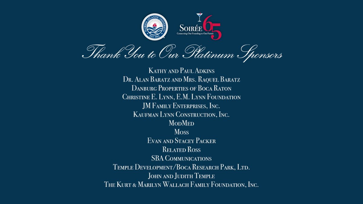 faufoundation's tweet photo. With Soirée 65 just days ahead, we are grateful for the sponsors who are helping make this evening possible in support of @FloridaAtlantic students. https://t.co/lXuTARdb8o
