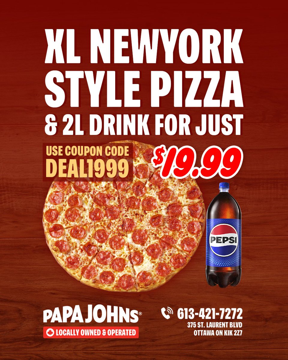 PapaJohnsSL's tweet image. Bigger slice, bigger smile! 🗽🍕Extra Large New York Style 1-Topping Pizza + 2L Drink for just $19.99. Use code DEAL1999 and taste the city that never sleeps!

📞 613-421-7272📍 375 St. Laurent Blvd, Ottawa

#PapaJohnsStLaurent #NYStylePizza #XLDeal #OttawaEats