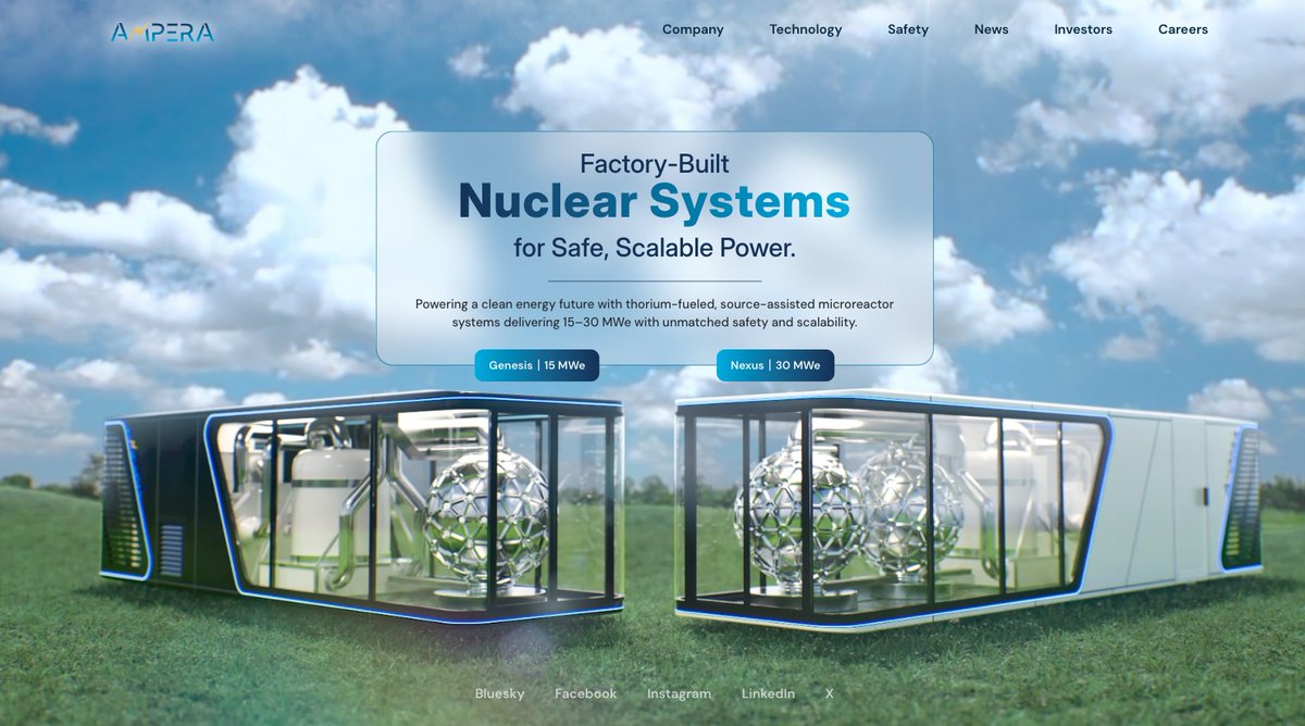 AMPERAnuclear's tweet photo. 🚀 Our new website is live! 
⚡️ Explore how our next‑generation nuclear technology is making renewable power safer, more efficient, and easier to scale. 
👉 Dive in and see the future of clean energy:https://t.co/cJMQvat218 https://t.co/vXfOWEiyh4