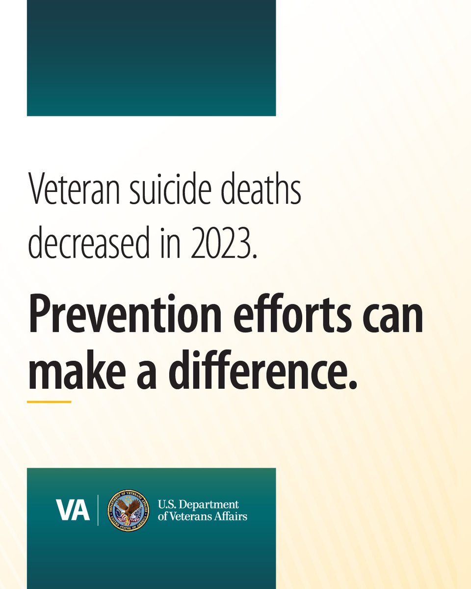 New data shows a decrease in Veteran suicide deaths from 2022 to 2023. These encouraging trends help inform where prevention efforts are needed next. 

Learn more in VA’s 2025 National Veteran Suicide Prevention Annual Report: MentalHealth.VA.gov/suicide_preven…