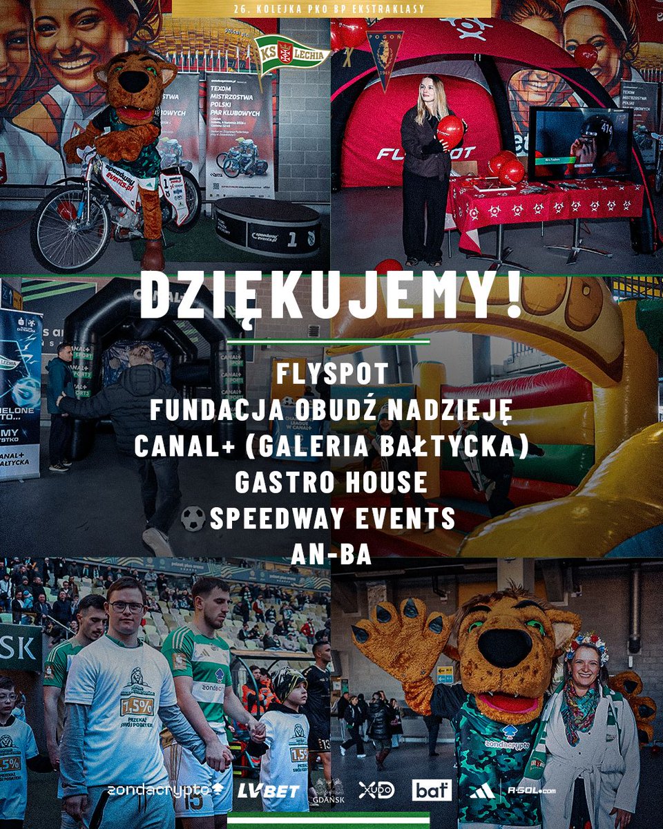 LechiaGdanskSA's tweet photo. Świetna zabawa w Kids Zone podczas #LGDPOG była możliwa dzięki naszym Partnerom - Flyspot Indoor Skydiving, Fundacja Obudź Nadzieję, CANAL+, Gastro House Events, SpeedwayEvents oraz AN-BA 🤝
Dziękujemy za wsparcie i do zobaczenia na #LGDKOR 👋
---
Widzimy się na @PolsatPlusArena: https://t.co/J5WsYNYSIK