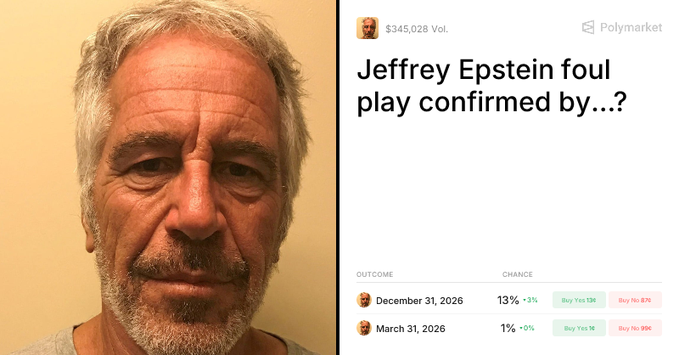 MhammadElhawary's tweet photo. Bro, fresh blackpill: Polymarket "Epstein foul play confirmed?"
Yes ~13%, No crushing it. $347K vol.
They "suicided" him in max security, cameras off, guards asleep. Still no proof in 2026?
Elites covering their own. World cooked. https://t.co/puzuvvIUrs