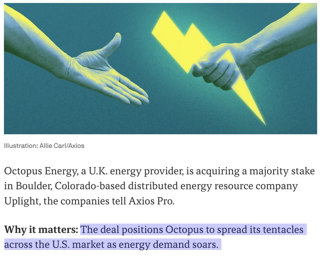 OctopusEnergy's tweet photo. We’ve just acquired a majority stake in @Uplight , partnering with @SchneiderElec to harness people-powered energy flexibility for millions across North America ⚡️

Electricity demand in the U.S. is surging, driven by AI data centres and the rapid growth of electrotech like EVs, batteries and solar. Utilities need new ways to keep the grid reliable and affordable.

Uplight works with over 85 utilities, including eight of the ten largest in the U.S., helping turn customer participation and distributed energy resources into dependable grid capacity.

The deal marks a major step for the teams of both Octopus and Kraken – opening the door to accelerate our expansion in the U.S.

Together with @krakentech_ , we’ll combine world-class customer and flexibility technologies to scale demand-side response for North American utilities, helping lower costs for consumers while strengthening energy security and grid stability..

The future grid will be increasingly customer-powered.

We’re excited to help build it.

Read more below👇
