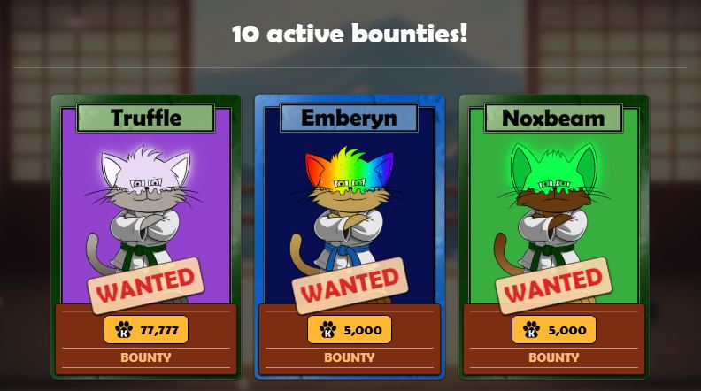 karate_kitties's tweet photo. 🚨We have some new kitties added to the bounty board, bringing us up to 10 wanted kitties

🎯There's an added bonus for beating one of the kitties

If you beat Truffle, not only will you win 77,777 Katnip, you will also WIN TRUFFLE!😻

Try your luck now👇

https://t.co/BvUheRnr5G
