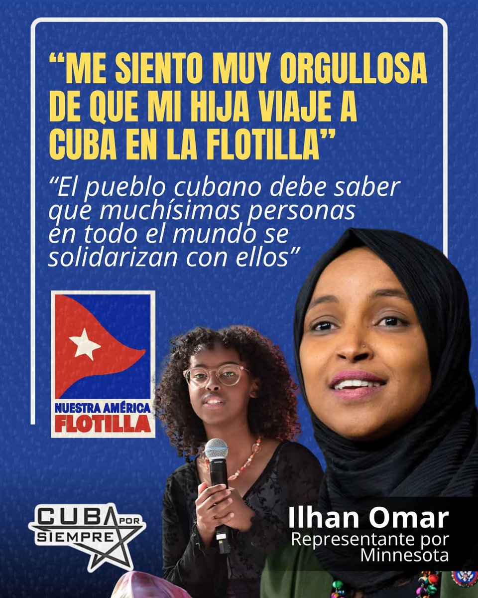 🇨🇺🇺🇸 La congresista demócrata por el estado de Minnesota, Ilhan Omar, ha reafirmado su solidaridad con el pueblo de Cuba y ha expresado su inmenso orgullo por la participación activa de su hija, Isra Hirsi, en el convoy "Nuestra América". #CubaNoEstáSola #CubaVencerá #CubaCoopera