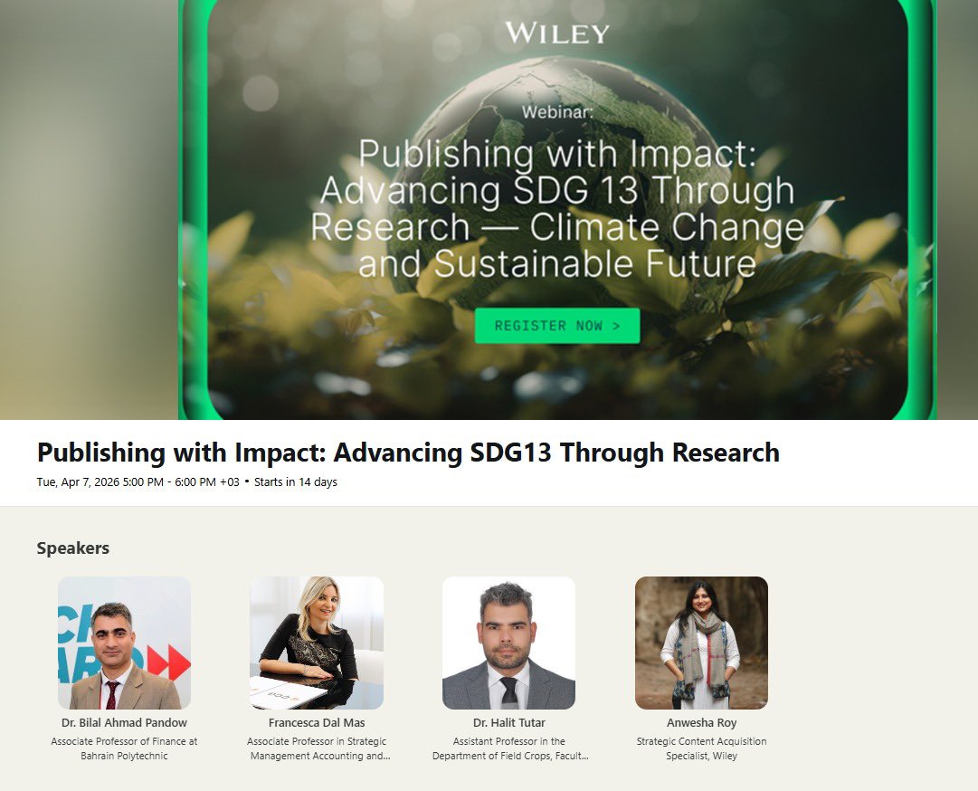 Wiley tarafından düzenlenen uluslararası webinarda konuşmacı olarak yer alacağım.

📅 7 Nisan 2026

Sürdürülebilir tarım ve iklim değişikliği üzerine konuşacağız 🌱

#SürdürülebilirTarım #İklimDeğişikliği #SDG13 #Wiley