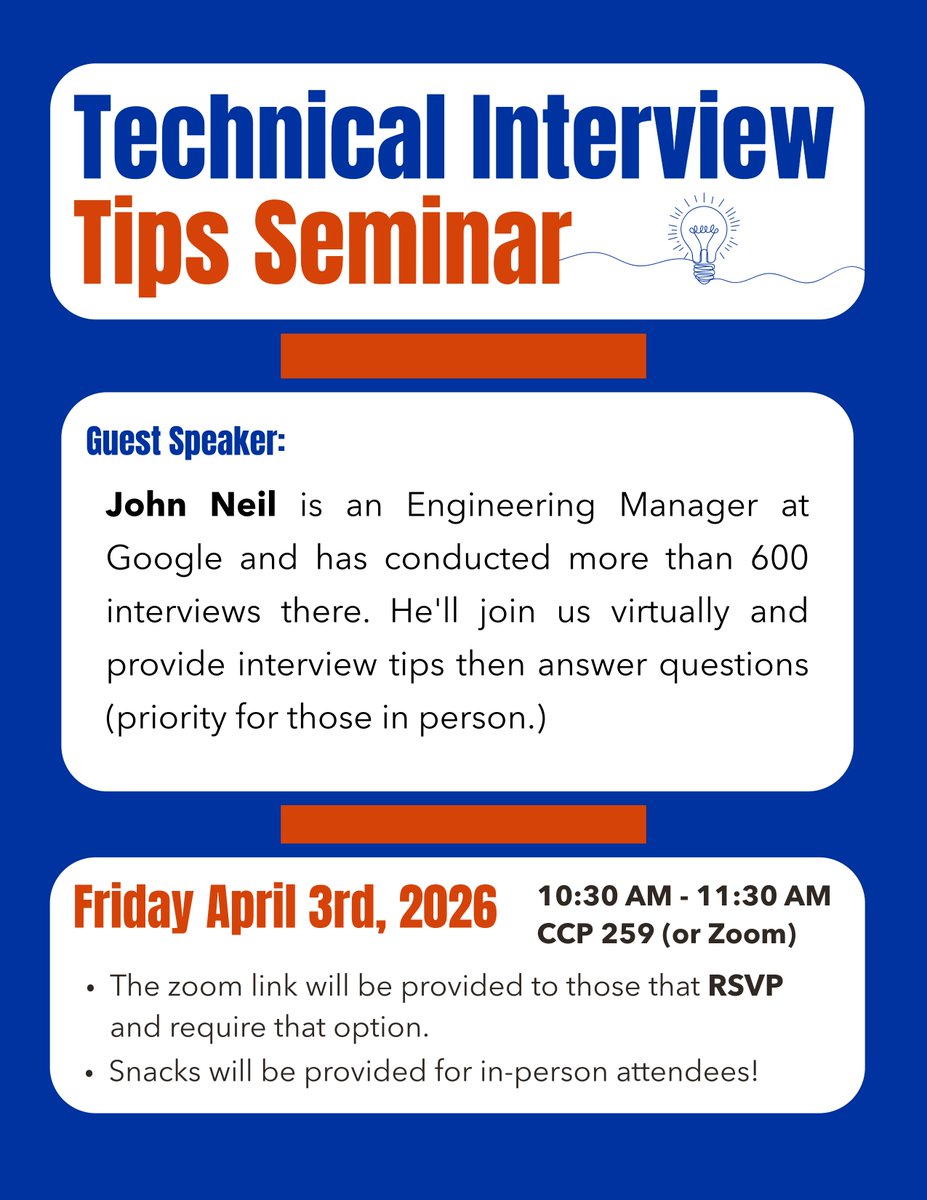 boisestatecs's tweet photo. Get some tips and tricks to hone your interviewing skills at the Technical Interview Tips Seminar on April 3rd. 
From 10:30 - 11:30 in CCP 259, hear from a 20 year Googler, John Neil. Snacks will be provided! RSVP: https://t.co/svvqdYSfWd https://t.co/AamwC85dSh