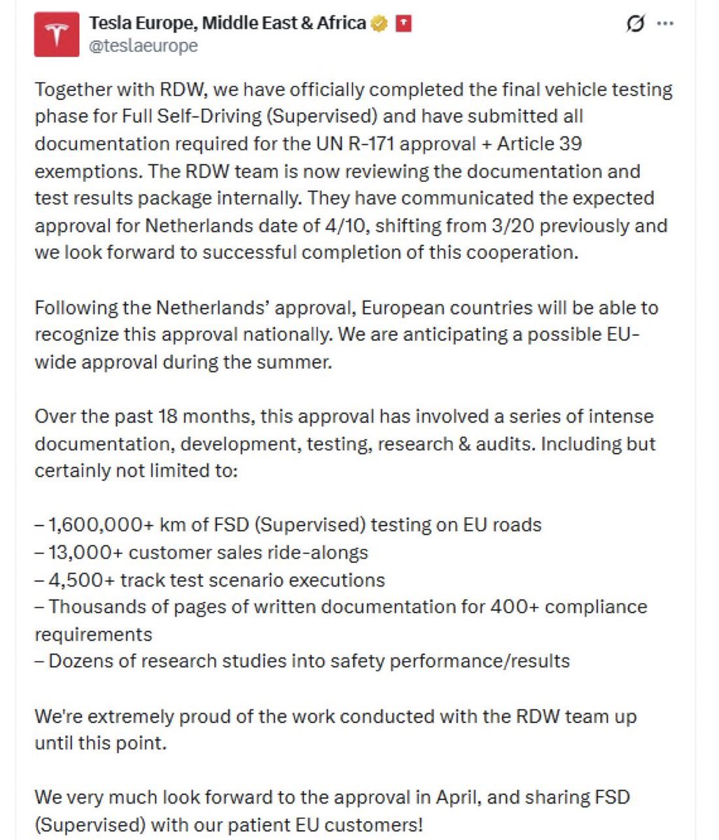 TSLA_inside_'s tweet image. Only 17 days until the RDW’s target date of April 10 for FSD approval! 🇳🇱✨

Once the Netherlands approves, the rest of Europe follows. Are you ready for FSD (Supervised)? 🚗

When do you think the official "Yes" will come? Let me know! 👇 #Tesla #ElonMusk #FSD #RDW
$TSLA