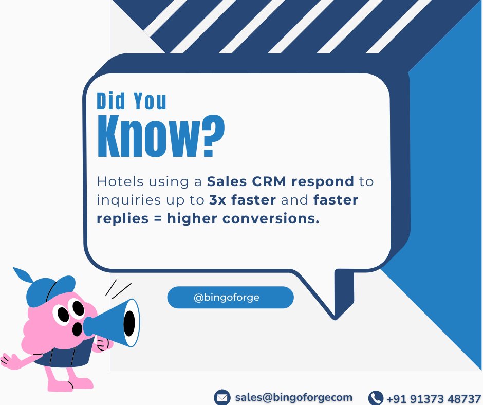 BingoForge's tweet photo. Did you know? 🤔
Speed = revenue in 2026.
Hotels with a Sales CRM respond 3x faster and win more bookings. ⚡🏨

Ready to convert faster? Let’s go. 💡🔥
🌐 https://t.co/ZAI8RMXsfT

#HotelSales #CRMTools #HospitalityIndustry #Growth #SmartHotels #BingoCRM #DigitalTransformation https://t.co/2FD9zWhr1D