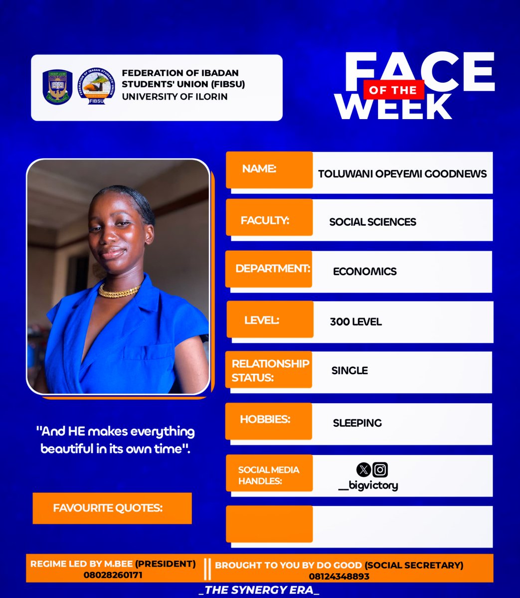 fibsu_unilorin's tweet photo. π€ MEET BIG VICTORY
A graceful and intellectually vibrant 300-level Economics student in the Faculty of Social Sciences.
Beyond her academic pursuits, she is a serene individual who values rest and rejuvenation through the art of sleeping to stay at her best.
#FaceOfTheWeek https://t.co/FVDhwcSH9X