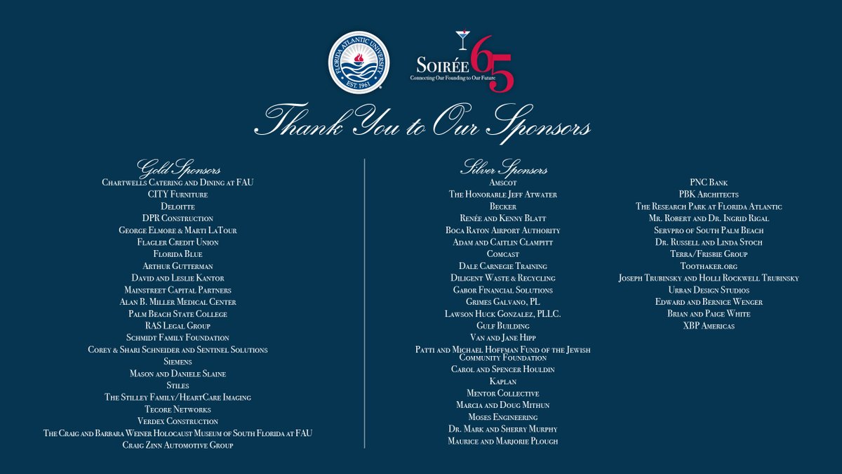FAUAlumni's tweet photo. Thank you to the sponsors who are making Soirée 65, the President’s Gala, an unforgettable evening in support of student success initiatives.

Their generosity makes a lasting difference.

Learn More: https://t.co/Mgzy5x25wp https://t.co/aGlUyaaWg2