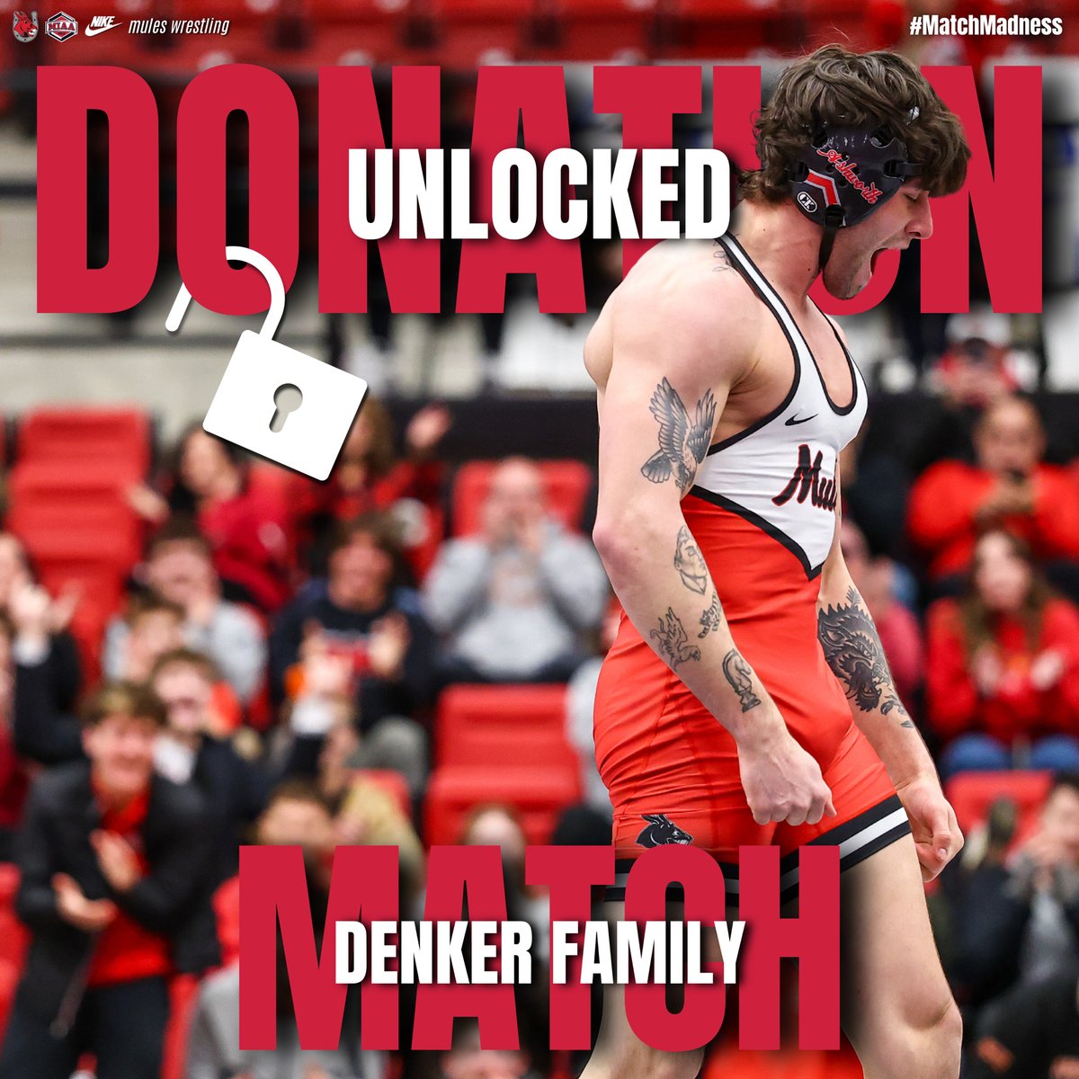 UCMwrestling's tweet photo. Match Madness day hasn't even started and we're already unlocking donation matches!
Because of your support, we have unlocked the Denker Family Match of $2,000!
A huge thank you to all of our donors & supporters!
#SaddleUp #MatchMadness #TeamUCM https://t.co/m74N8tRPpZ