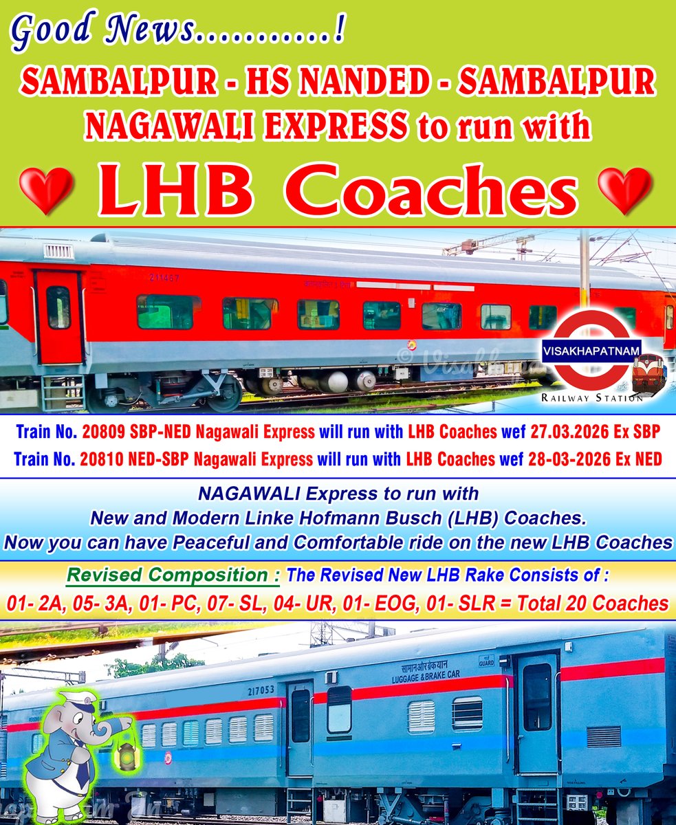 <a href="/ongole_railfan/">Ongole rail</a> <a href="/Visakhavaasi/">Anonymous🍥</a> <a href="/Chikudasji/">Chiku Das, Social Worker (Sabka Das- Chiku Das)</a> <a href="/_Waltair2911/">Random Guy</a> <a href="/shark_mendy/">VIZAG For ALL</a> <a href="/GopiKishorRaja2/">GopiKishorRaja</a> <a href="/VSKPJn/">Visakhapatnam Rail Users</a> <a href="/rail_fan_vskp/">Karun Induri-A Rf From VSKP🙏</a> <a href="/DRMWaltairECoR/">DRMWALTAIR</a> <a href="/drmvijayawada/">Vijayawada Division</a> <a href="/vizaginsight/">Vizag Insight</a> <a href="/Karthikjillella/">🅹🅺 ☯</a> <a href="/13Irvamsi/">RAGHUVAMSI_2002 🚄</a> <a href="/EastCoastRail/">East Coast Railway</a> <a href="/ravitejak07/">Raviteja</a> <a href="/GMSERAILWAY/">GM/SER</a> <a href="/SCRailwayIndia/">South Central Railway</a> <a href="/Eswararao2517/">❤Indian Rail Lover❤🚂🚋🚃🚋🚃🚋🚃❤</a> <a href="/RailMinIndia/">Ministry of Railways</a> <a href="/AshwiniVaishnaw/">Ashwini Vaishnaw</a> <a href="/VizagPanda/">VizagPanda</a> <a href="/eswarkanchu/">Eswar Kanchumurthi</a> <a href="/katam_ss/">Katam SS Chandra Rao</a> <a href="/UttamChakram/">సర్వే సంతు నిరామయాః</a> <a href="/CapitalofAndhra/">Vizag - True Capital of Andhra Pradesh</a> <a href="/VizagBrand/">#BrandVizag</a> <a href="/jinxed_jiggler/">Srinath Tudu</a> <a href="/saptagiriulaka/">Saptagiri Ulaka</a> <a href="/Odisha_Stories/">Odisha Stories</a> <a href="/odisha_tourism/">Odisha Tourism</a> <a href="/SWRRLY/">South Western Railway</a> <a href="/BJP4Andhra/">BJP ANDHRA PRADESH</a> <a href="/RailwaySeva/">RailwaySeva</a> <a href="/narendramodi/">Narendra Modi</a> <a href="/BJP4India/">BJP</a> <a href="/kishanreddybjp/">G Kishan Reddy</a> <a href="/drmsecunderabad/">DRM Secunderabad</a> <a href="/drmhyb/">Hyderabad Division</a> <a href="/PMOIndia/">PMO India</a> <a href="/DRMKhurdaRoad/">DRM KhurdaRoad</a> <a href="/DRMSambalpur/">DRMSambalpur</a> <a href="/DarshanaJardosh/">Darshana Jardosh</a> <a href="/AnupSatpathy/">Babu</a> <a href="/drmgnt/">Guntur Division</a> <a href="/Vskpism/">VISAKHAPATNAMISM</a> <a href="/serailwaykol/">South Eastern Railway</a> <a href="/RailNf/">Northeast Frontier Railway</a> Post : 513/25-26

Much Awaited Good News is here..
Nagawali Express goes LHB from 27th March 2026.
Note : Only One Rake of SBP - NED - SBP Nagawali Express will be converted from IRS to LHB. The Rest 2nd rake shall remain conventional till further advice.