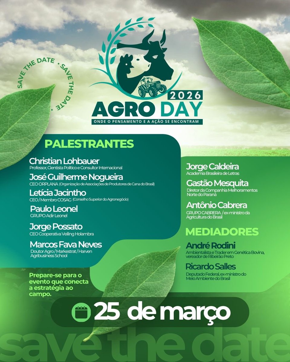 cabreraagro's tweet photo. Amanhã será dia de estar em Ribeirão Preto-SP, no Agroday 2026.
Dia de falar de um setor que tem praticamente o mesmo tamanho da Argentina.
#Agro #Agroday https://t.co/BNleyB6MfH