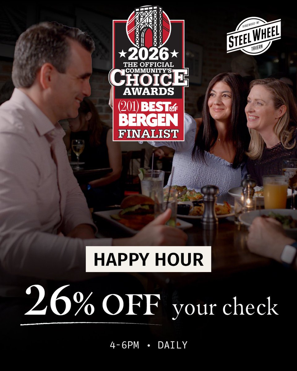 TavernSteel's tweet photo. 🏆 Best of Bergen Finalist! 🏆 Thank you to all who voted! Our Happy Hour is now 4 to 6pm - daily with 26% OFF your check! (must order by 6pm) Full menu available. Come check it out!

#BestOfBergen #NJHappyHour #BestHappyHour #RidgewoodNJ https://t.co/MqHF3ZHWHq