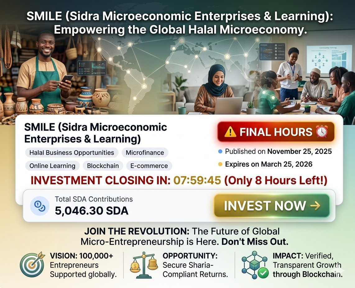 Sugeng963364853's tweet photo. Only 8 hours left!
Invest your $SDA in the future of the Halal Microeconomy with "SMILE"
✅ Sharia-Compliant Digital Commerce
✅ Blockchain-Based Transparency
✅ Global Learning Ecosystem
https://t.co/alAXsW6ASm https://t.co/XFQzr6Hrgr