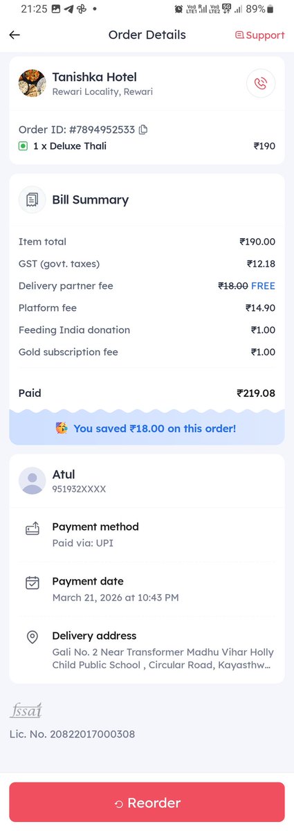 AtulMotivates's tweet image. Ordered a Deluxe Thali from Tanishka Hotel on Zomato, but my order was canceled by the delivery partner. Still no refund received. Please resolve this ASAP. #Zomato #RefundIssue @zomato @zomatocare