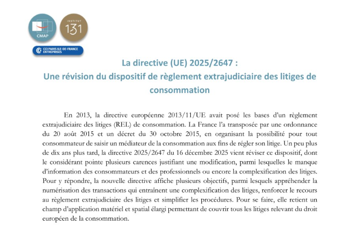 CMAP_Med_Arb's tweet photo. ⚖️ Veille juridique | Directive (UE) 2025/2647 : vers une évolution du règlement extrajudiciaire des litiges de consommation

Un article co-rédigé par Emelie Lernäs  et Léna Olivierau CMAP.

📄 Lire l’article complet : 
https://t.co/3ZJJiNtsxN https://t.co/2hvsGWI0Ew