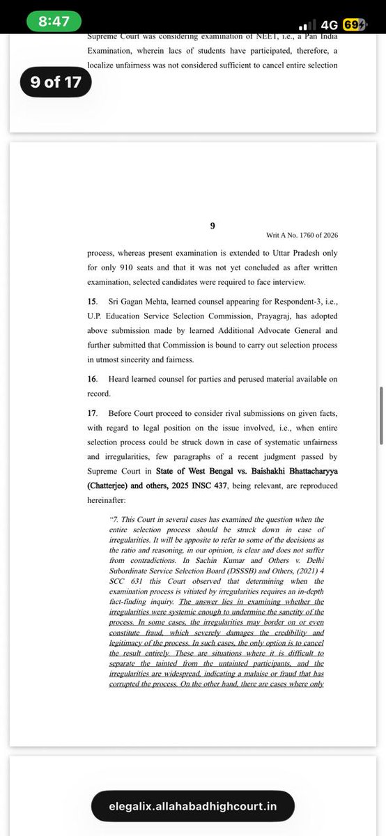 पश्चिम बंगाल के वैशाखी भट्टाचार्य केस को आधार मानते हुए इलाहाबाद उच्च न्यायालय ने उत्तर प्रदेश शिक्षा सेवा चयन आयोग की सहायक प्राध्यापक भर्ती परीक्षा को रद्द कर दिया गया है।
#si_भर्ती_2021_रद्द_करो 
सत्यमेव जयते ⚖️👏✌🏻✌🏻✌🏻
@anushkaSa12 <a href="/h_rajmeena/">Hansraj Meena</a> <a href="/JatniGunnu/">Gunnu जाटणी</a> <a href="/kim_jong07/">किम जोंग</a>