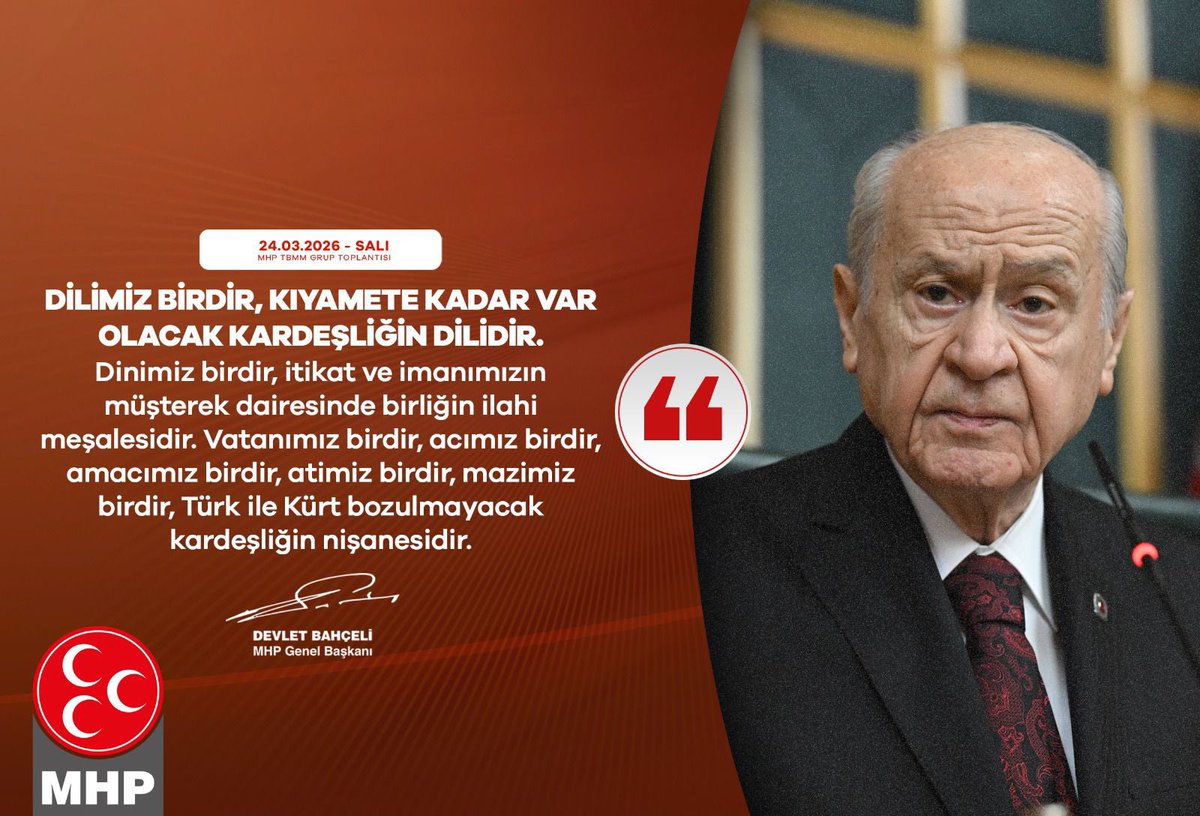 Ulku_Ocaklari's tweet photo. Dilimiz birdir, kıyamete kadar var olacak kardeşliğin dilidir.
Dinimiz birdir, itikat ve imanımızın müşterek dairesinde birliğin ilahi meşalesidir.
Vatanımız birdir, acımız birdir, amacımız birdir, atimiz birdir, mazimiz birdir, Türk ile Kürt bozulmayacak kardeşliğin nişanesidir.

MHP Genel Başkanı
Devlet BAHÇELİ