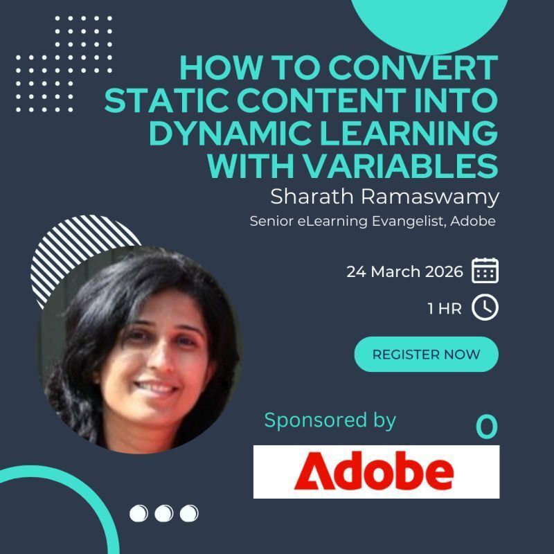 trainmagnetwork's tweet image. WEBINAR 11AM EST: **How to Convert Static Content into Dynamic Learning w Variables**
w Sharath Ramaswamy @Adobe

Learn branching, conditional navigation &amp;amp; personalized feedback.

Register: trainingmagnetwork.com/events/4435?gr… 

#eLearning #InstructionalDesign #LAndD