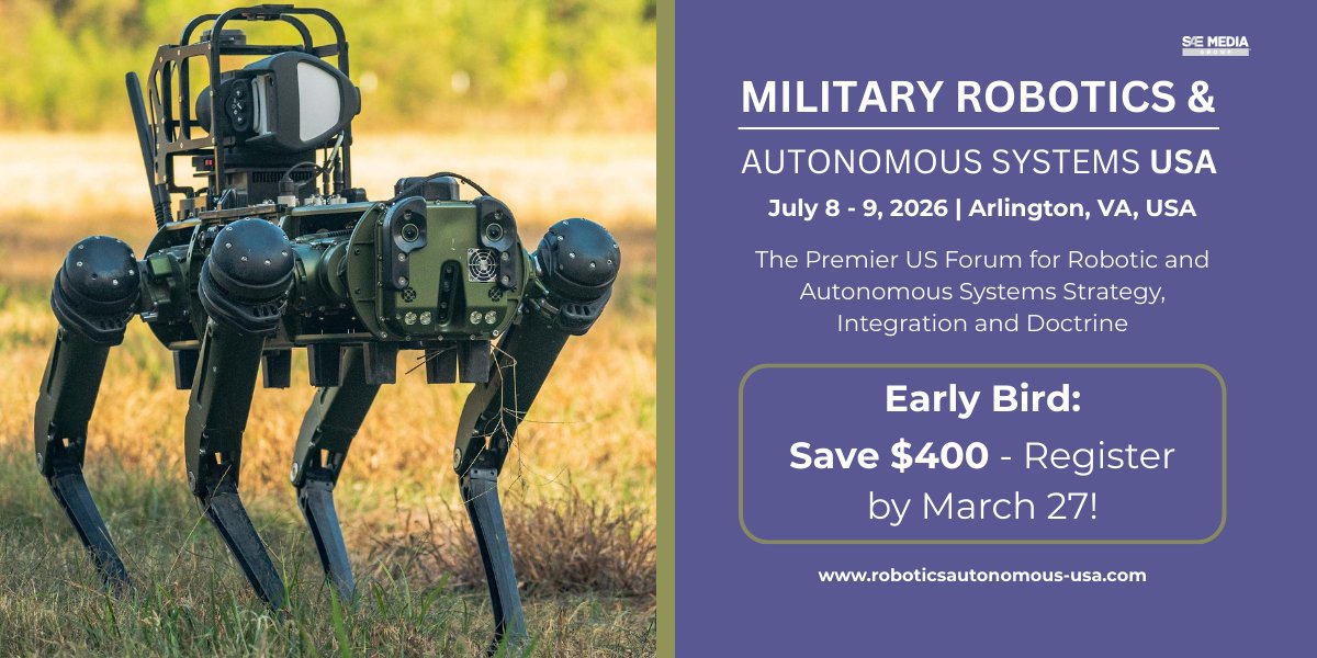 SAEMGDefence's tweet image. 🚨 SAVE $400 — Early Bird ends March 27! 
📅 July 8–9 | Arlington, VA 

Join US Army, SOCOM, DEVCOM ARL, AI2C  &amp;amp; allied defence leaders for 2 days of robotics, autonomy &amp;amp; AI insights. 

🔗Book now  ow.ly/JtBW50YxVNv 

#MilitaryRobotics #AutonomousSystems #DefenceTechnology