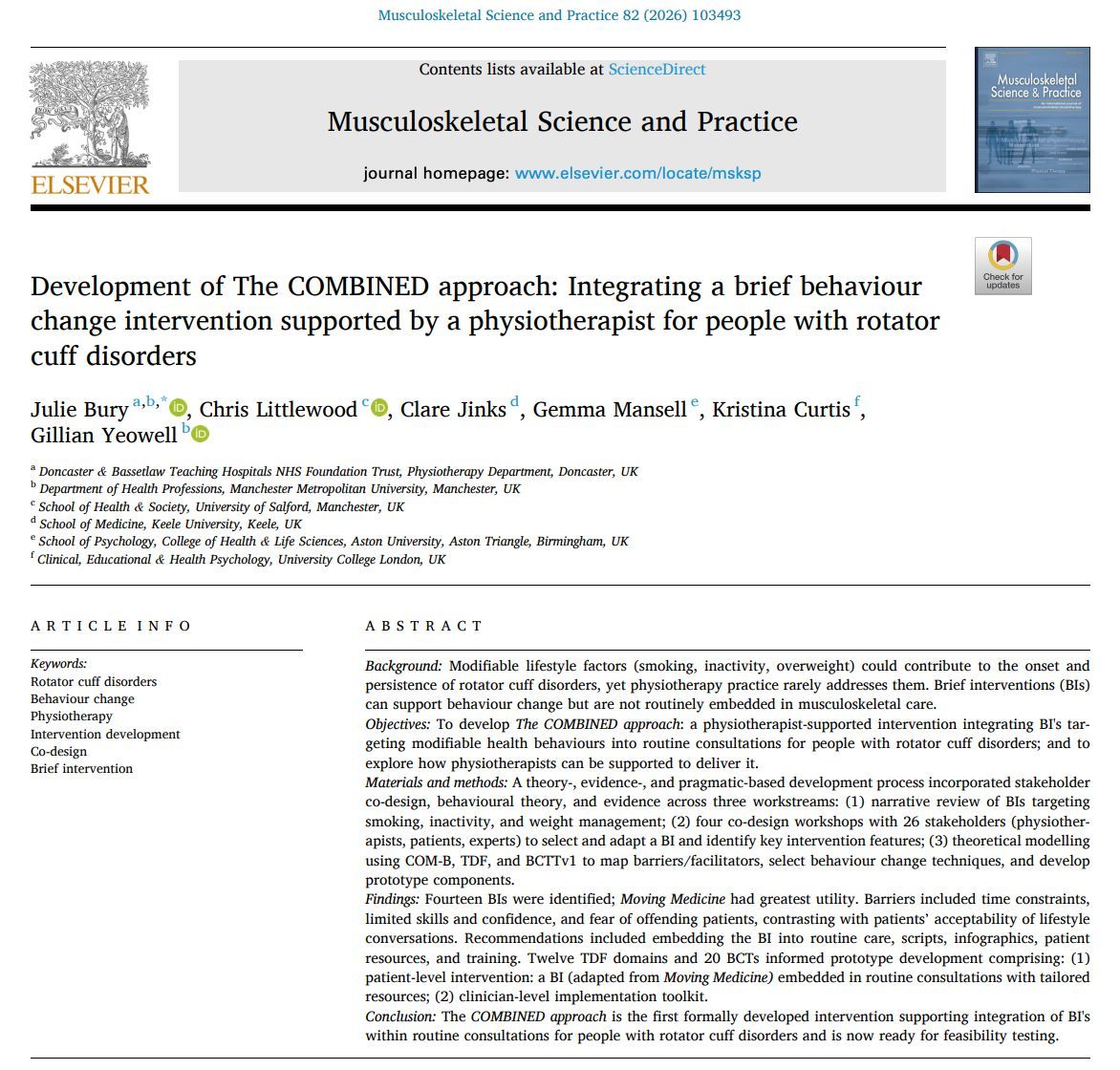 MSKPhysioJnl's tweet image. Beyond exercise: bringing behavior change into rotator cuff rehab 💡
A new physio-supported approach buff.ly/lKf18tP is developed and ready for feasibility testing.
#Rehabilitation #Physiotherapy #MSK #BehaviorChange